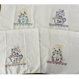 Hand Embroidered Dish Towel Napkins Set 4 Kitten Cats Grandma Chic Cottagecore